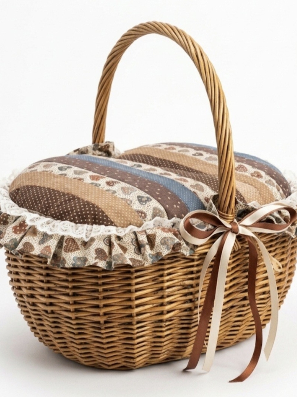 Wicker Picnic Basket with Quilted Brown & Blue Cushion
